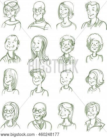 Set Of Hand Drawn Monochrome Portraits Of Smiling Adults And Children Of Various Age Isolated Vector