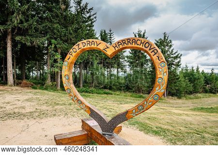 Harrachov,czech Republic-august 13,2022. Photo Frame With Wooden Heart And Sign Hello From Harrachov