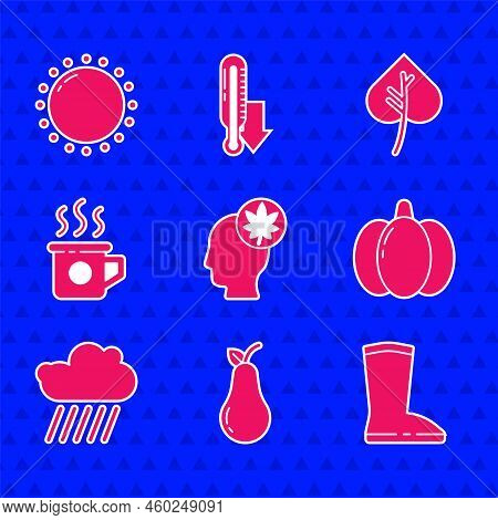 Set Human Head With Leaf, Pear, Waterproof Rubber Boot, Pumpkin, Cloud Rain, Cup Tea, Leaf Or Leaves