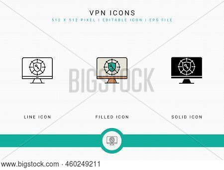 Vpn Icons Set Vector Illustration With Solid Icon Line Style. Secure Server Concept. Editable Stroke
