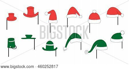 Christmas Santa Hats Set For Photo Prop Box. Vector Stock Illustration Isolated On White Background 