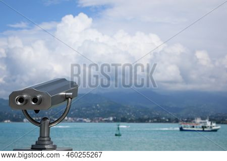 Metal Tower Viewer Installed Near Sea, Space For Text. Mounted Binoculars