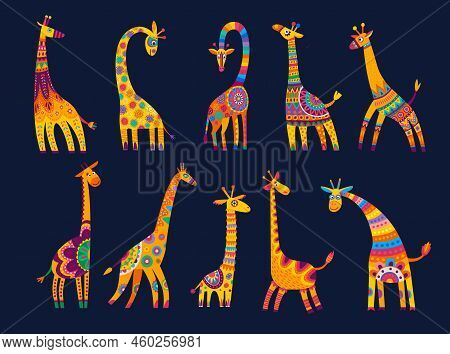 Cartoon African Giraffes, Cute Animal Characters With African Ornament, Vector. African Safari Or Ki