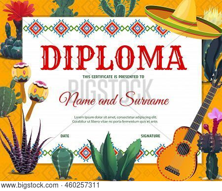 Kids Diploma Of Best Cowboy With Mexican Sombrero, Maracas And Cactus. Vector Certificate Of Achieve