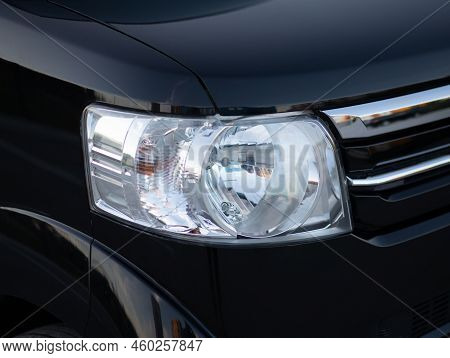 Novosibirsk, Russia -   August 03, 2022:   Black Honda N-box, Exterior Detail . Close Up  Of Modern 