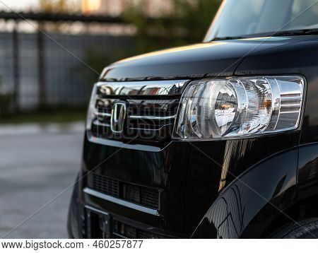 Novosibirsk, Russia -   August 03, 2022:   Honda N-box,   Close Up Of The Car Headlights. Exterior C