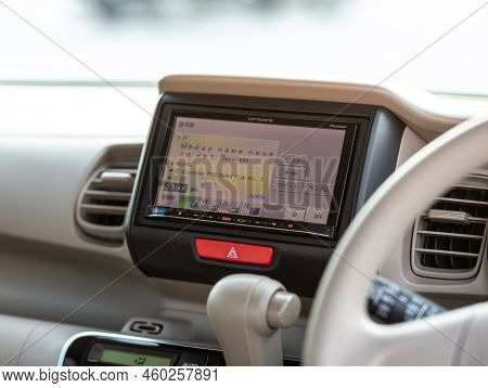Novosibirsk, Russia -   August 03, 2022:   Honda N-box,  Black Audio Car Control Panel