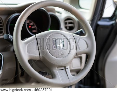 Novosibirsk, Russia -   August 03, 2022:   Honda N-box,  Car Interior View With Dashboard, Multifunc