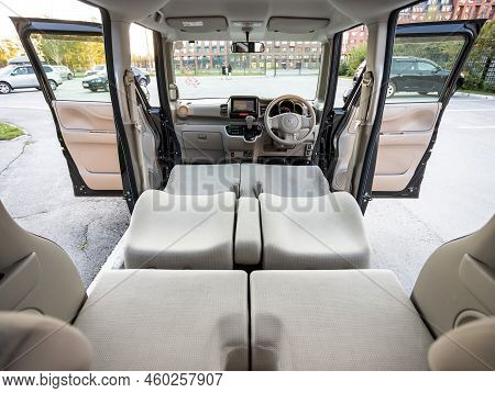 Novosibirsk, Russia -   August 03, 2022:   Honda N-box,  Interior Design, Rows Of Seats Folded Into 
