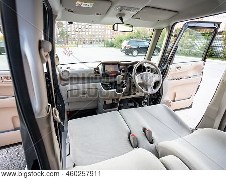 Novosibirsk, Russia -   August 03, 2022:   Honda N-box,  Steering Wheel, Shift Lever And Dashboard, 