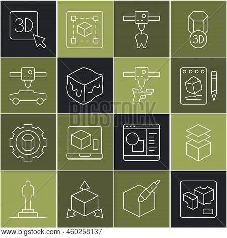 Set Line 3d Printer, Layers, Sketch On Paper, Tooth, Isometric Cube, Car, And Gun Icon. Vector