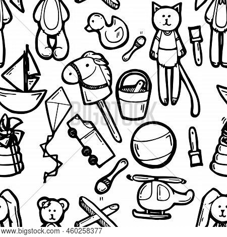 Toys For Children Of Different Ages. Seamless Pattern.outline Hand Drawn Sketch. Drawing With Ink. I