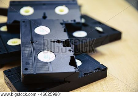Pile Of Video Cassette Tape Vhs With Video Playback Old Retro Style Stack Concept Of Vintage Electri