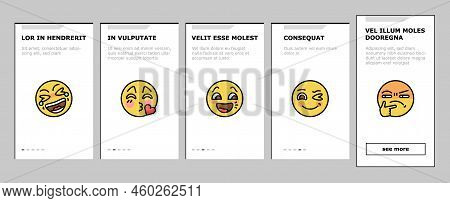 Emoji Emotional Funny Smile Face Onboarding Mobile Vector. Lol And Like, Love Heart Ad Confused, Hap