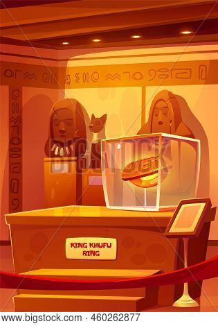 Egyptian Museum With King Khufu Ring In Showcase, Pharaoh And God Statues. Vector Cartoon Illustrati