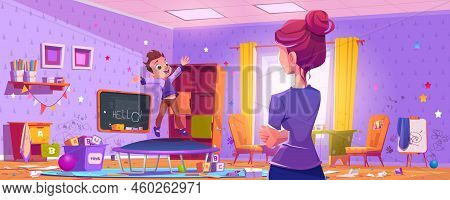 Woman Looks At Messy Kids Room With Boy Jumping On Trampoline. Dirty Playroom Interior With Clutter,