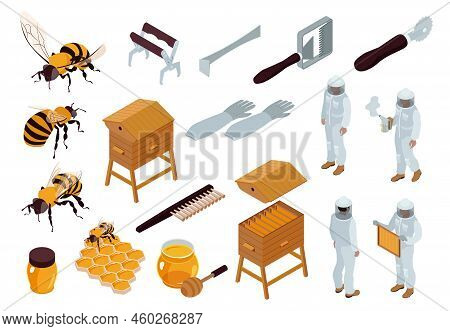 Isometric Beekeeping Apiary Isometric Set With Bees Jars Of Honey Hives And Beekeepers Isolated Vect