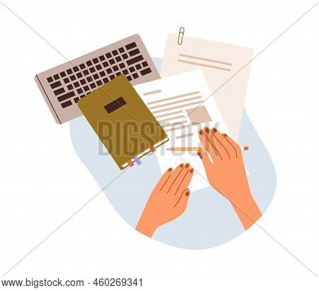 Hands With Office Documents, Official Papers, Planner And Computer Keyboard. Employee Arms Work With
