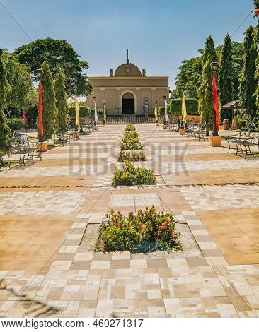 Front View Of A Church In A Beautiful Central Park On A Sunny Day. View Of A Beautiful Church In A P