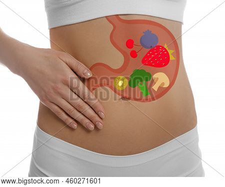 Woman With Image Of Stomach Full Of Food Drawn On Her Belly Against White Background, Closeup. Healt