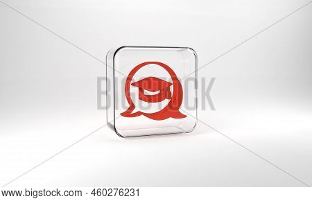 Red Graduation Cap In Speech Bubble Icon Isolated On Grey Background. Graduation Hat With Tassel Ico