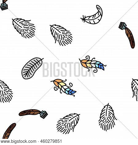 Feather Bird Soft Quil Fluffy Vector Seamless Pattern Thin Line Illustration