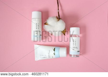 Kyiv, Ukraine - 19 August 2022: Flat Lay Set Of Korean Skin Care Cosmetics In Tube And Mini Bottles 