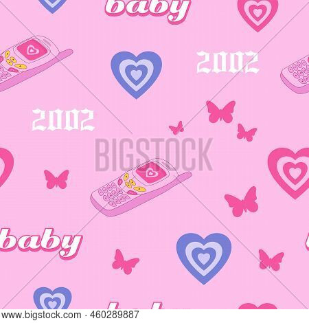Y2k Seamless Pattern. Old Phone, 2000s, Hearts, Butterfly. Vector