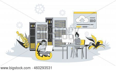 Web Hosting Concept In Flat Design With People. Man And Women Working At Data Center Server, Using C