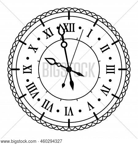Vintage Face Clock With Roman Numerals Ornate Antic Design Line Vector Illustration
