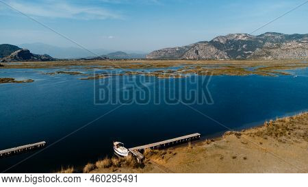 Aeriel Scenic Drone View  To Iztuzu Beach And The Dalyan River Delta Or Lake Sulungur. Explore Natur