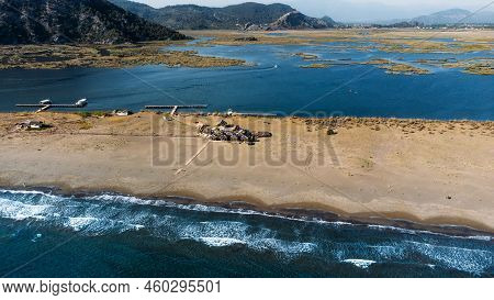 Aeriel Scenic Drone View  To Iztuzu Beach And The Dalyan River Delta Or Lake Sulungur. Explore Natur