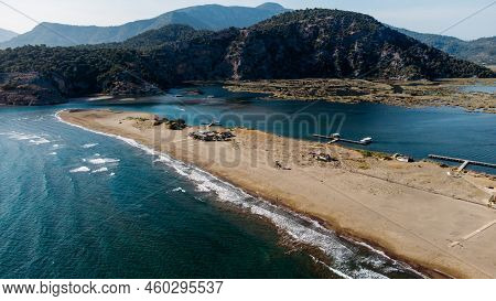 Aeriel Scenic Drone View  To Iztuzu Beach And The Dalyan River Delta Or Lake Sulungur. Explore Natur
