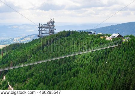 Sky Walk Observation Tower In The Forest Between Mountain Hills Near Sky Bridge 721 In A Sunny Summe