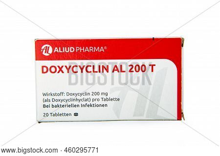 Wetzlar, Germany 2022-07-25: Doxycycline Antibiotics Pills In A Cardbox Over White Background