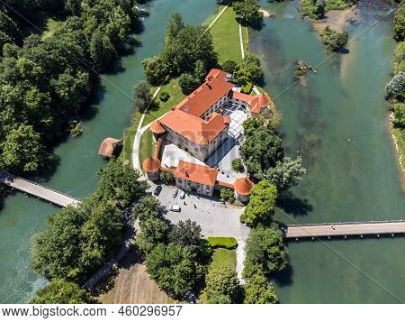 Romantic Otocec Castle On Krka River In Slovenia. Drone View.