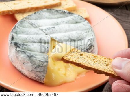 Hand Holding Toast With Melted Brazilian Artisan Lua Cheia Cheese Over Wooden Table.