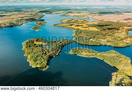 Lyepyel District, Vitebsk Region, Belarus. Aerial View Of Lepel Lake With Natural Small Islands.