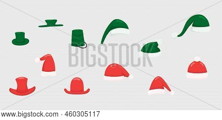 Christmas Santa Hats Set For Photo Prop Box. Vector Stock Illustration Isolated On White Background 