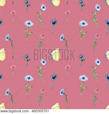 Meadow Flowers With Butterflies Watercolor Seamless Pattern On Pink.