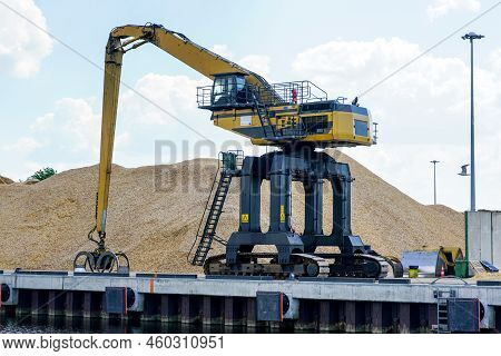 Big Multi Docker Cargo Handler For Loading And Unloading A Ships And Trucks At The Port Dock