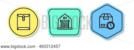 Set Line Envelope, Warehouse And Cardboard Box With Clock. Colored Shapes. Vector