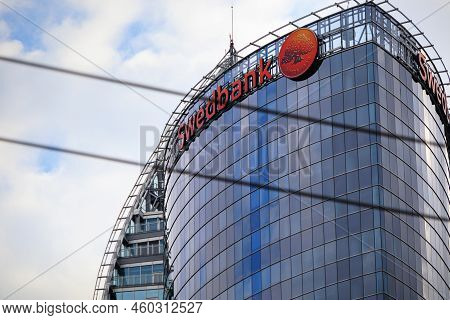 Swedbank Inscription With Logo On Swedbank Main Office Building In Riga. Riga, Latvia - 22 Aug 2022.
