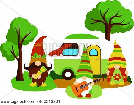 Camping Gnomes Svg Vector Illustration Isolated On White Background.camper Gnomes Are Sitting Near T