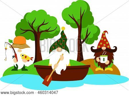 Camping Gnomes Svg Vector Illustration Isolated On White Background. Camper Gnome In A Boat. Happy C