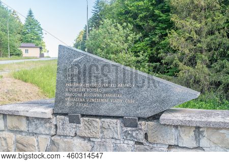 Vysny Komarnik, Slovakia - June 12, 2022: Sign To Monument Of The Czechoslovak Army And The Dukel Ba
