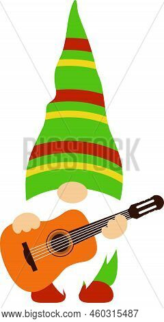 Camping Gnome Svg Vector Illustration Isolated On White Background. Camper Gnome With A Guitar.