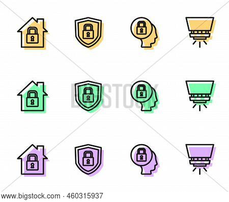 Set Line Lock, House Under Protection, Shield Security With Lock And Fire Sprinkler System Icon. Vec
