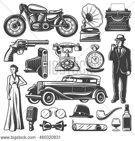 Vintage Retro Elements Set With Gentleman Woman Pistol Camera Automobile Motorcycle Gramophone Typew