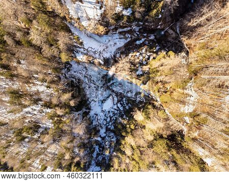 Aerial View Of Pericnik Slap Or Pericnik Waterfall In Winter Time, Triglav National Park, Slovenia. 